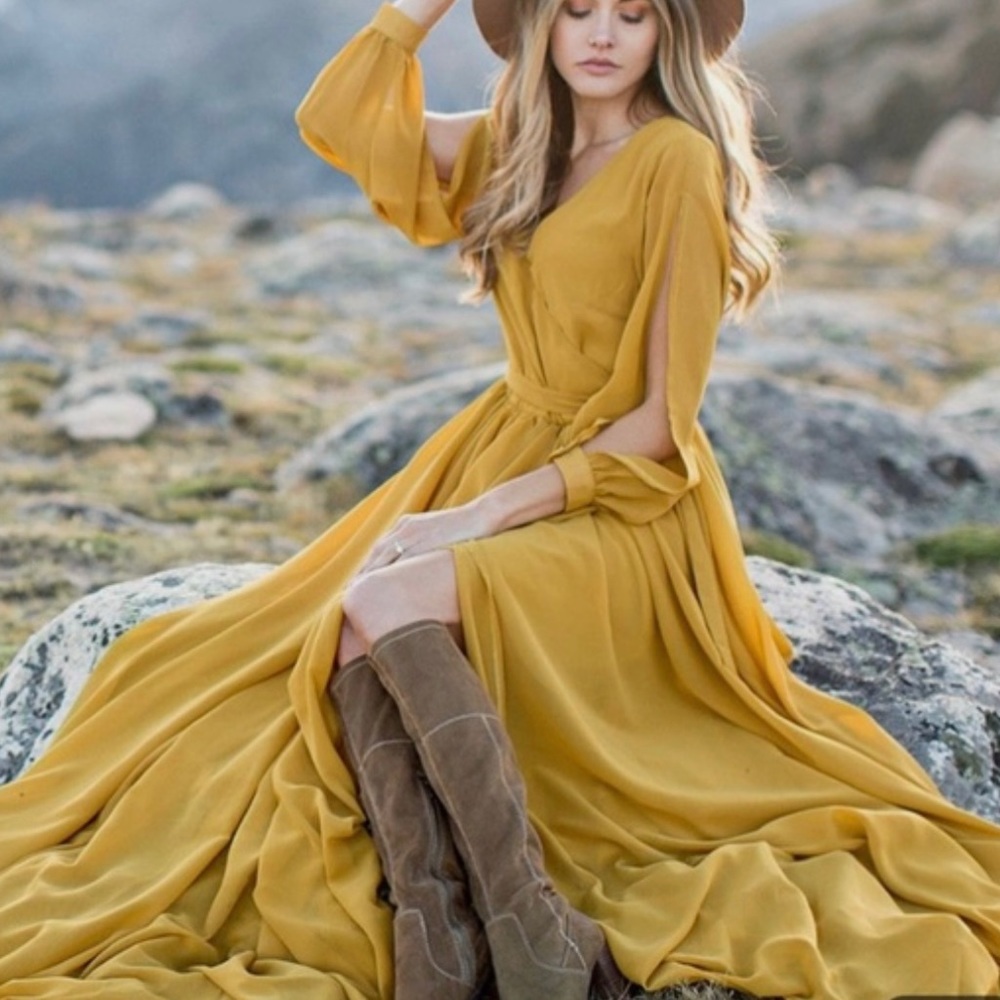 Joyfolie Mia Joy Mustard Long Flowy Boho Dress (S)